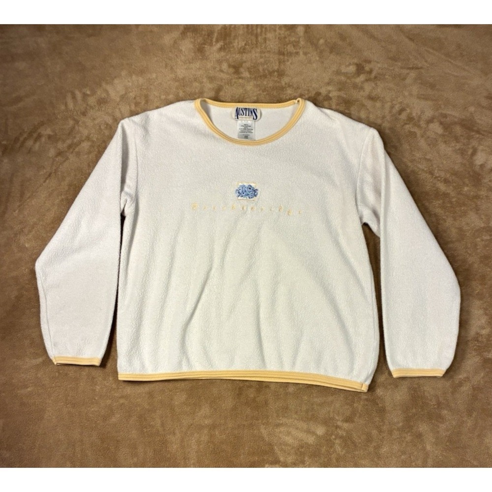 VTG Y2K Austins Womens Fleece Pullover Cream Yellow Floral Embroidery S/M Canada